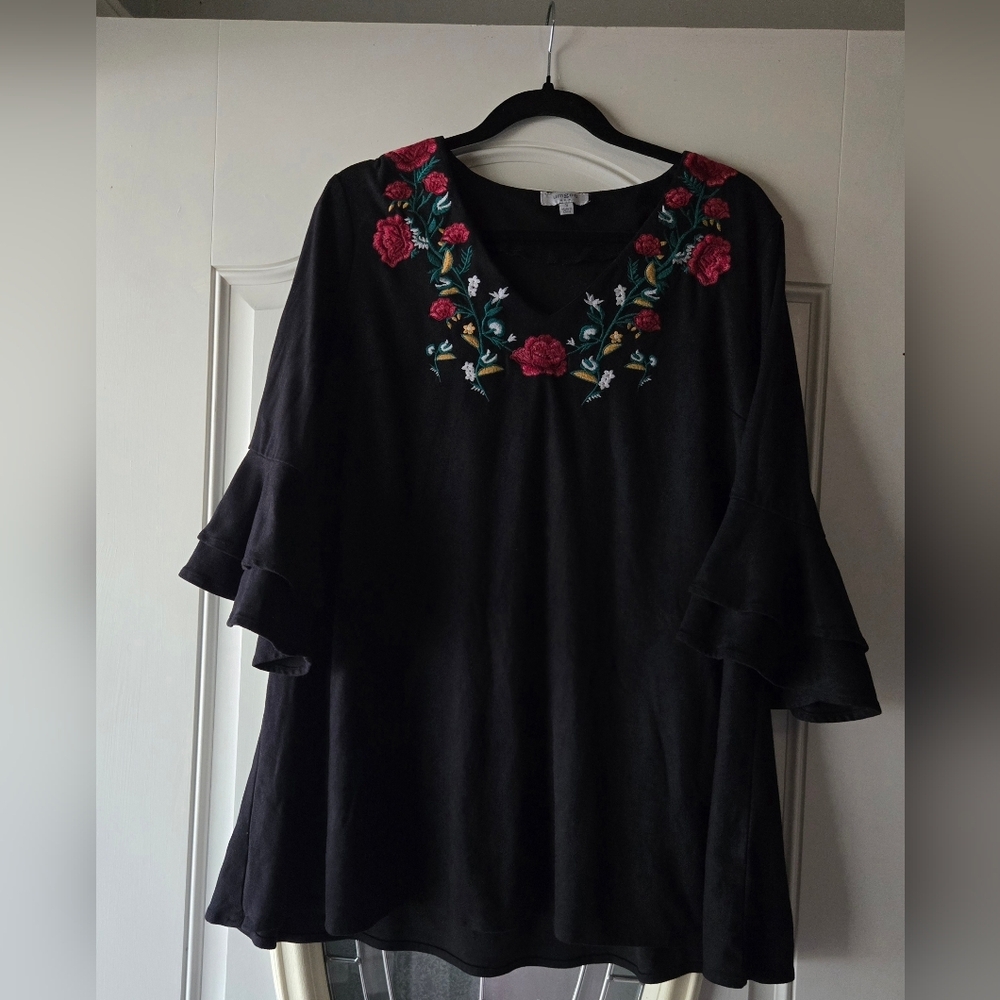 Umgee‎ Black Embroidered Floral Mini Dress Boho Western Ruffle Sleeve Small - Picture 2 of 7